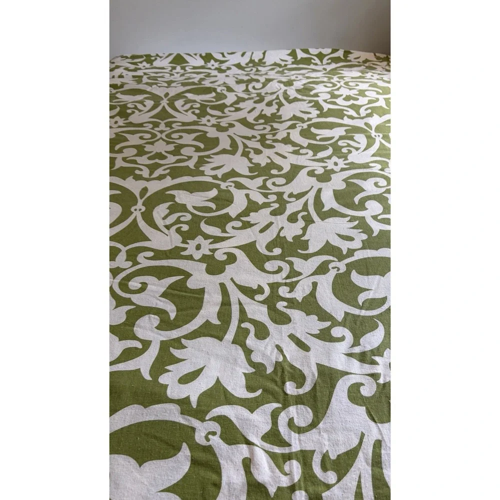 Pottery Barn Garden Gate Duvet Cover King Size Linen Cotton Green White Scroll